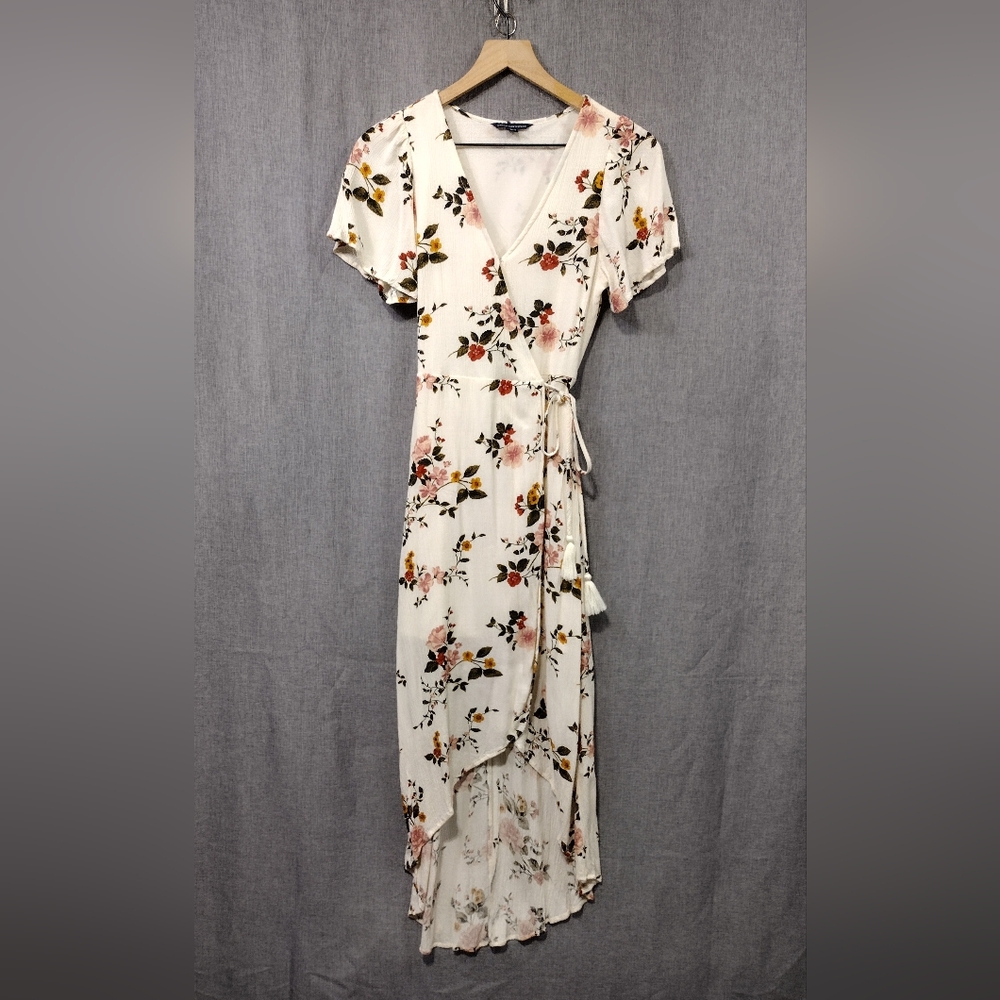 AE Floral High Low Wrap Maxi Dress Women's XS Cream Cottagecore Peasant Coastal - Picture 2 of 10